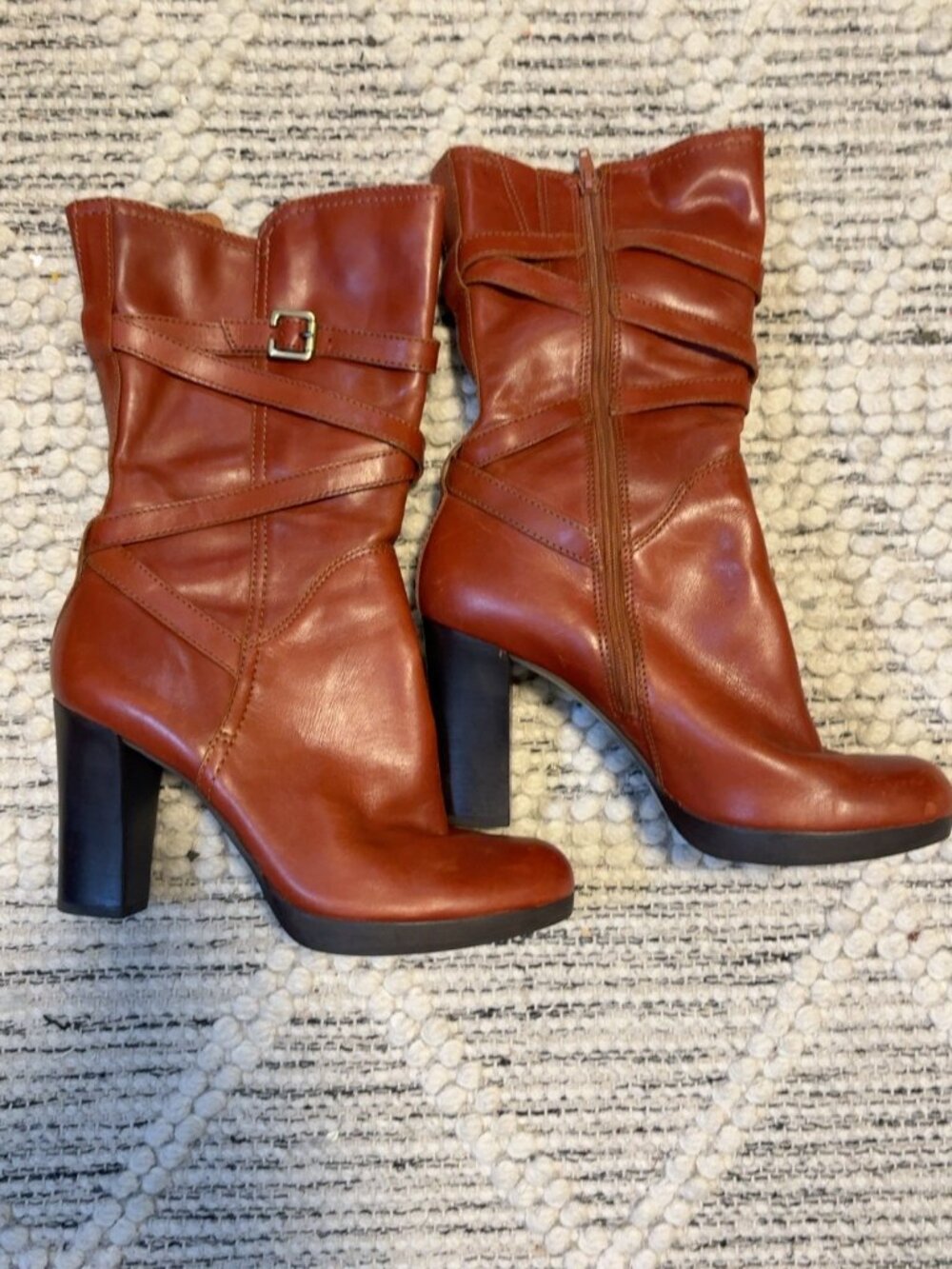 Brown Cognac Leather Mid Calf Arnold Churgin Boots Block Heel Made in Brazil